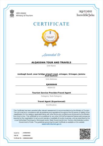 Ministry of Tourism, Government of India — certificate